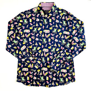 Bugatti Mens Large Shaped Fit Long Sleeve Button Up Shirt Beach Drinks‎ All Over